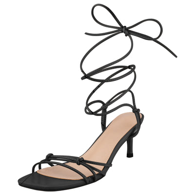 Knot Lace Up Strappy Square Toe Kitten Heel Sandals for Women