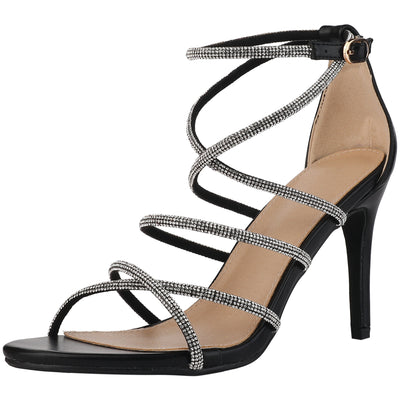 Bublédon Rhinestones Strappy Open Toe Stiletto Heel Ankle Strap Sandals for Women