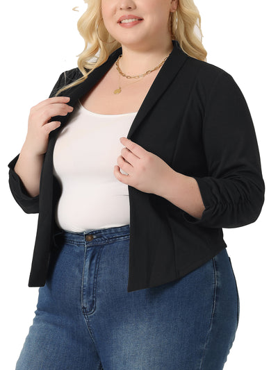 Bublédon Plus Size Blazer for Women 3/4 Sleeve Ruched Open Front Cardigan Jacket Work Office Blazers