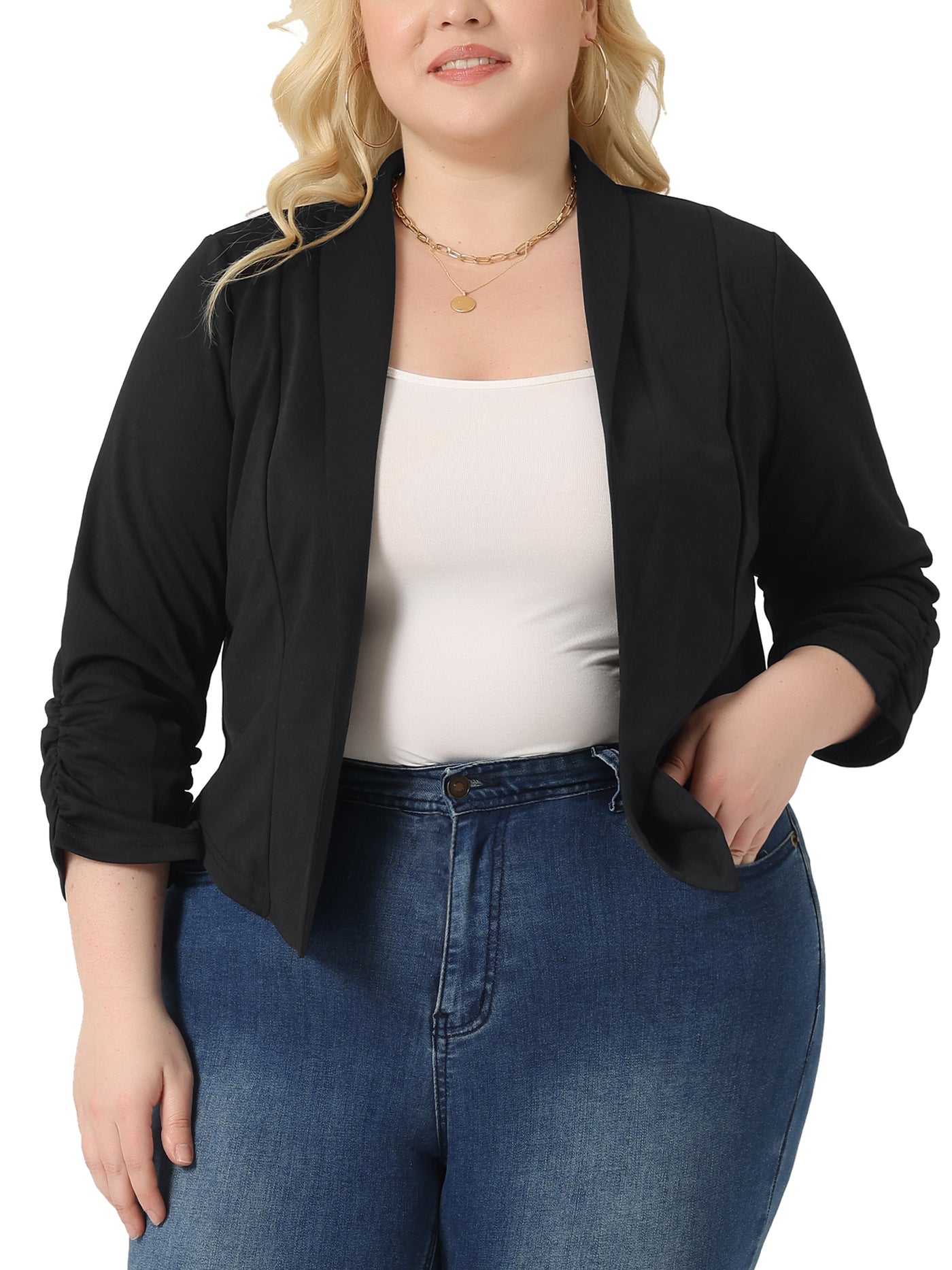 Bublédon Plus Size Blazer for Women 3/4 Sleeve Ruched Open Front Cardigan Jacket Work Office Blazers