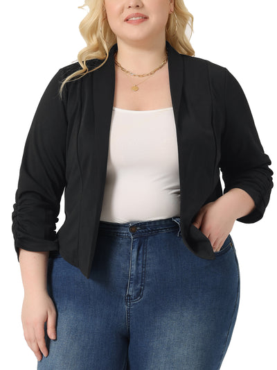 Plus Size Blazer for Women 3/4 Sleeve Ruched Open Front Cardigan Jacket Work Office Blazers