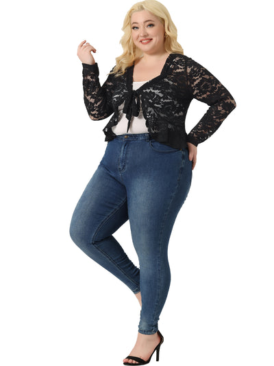 Plus Size Cardigan for Women Bolero Shrug 3/4 Sleeve Tie Front Sheer Lace Crop Cardigans