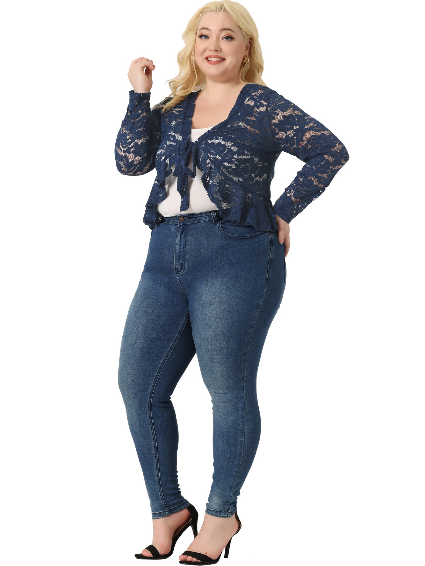 Bublédon Plus Size Cardigan for Women Bolero Shrug 3/4 Sleeve Tie Front Sheer Lace Crop Cardigans