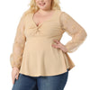 Plus Size V Neck Panel Heart Sheer Mesh Long Sleeve Shirts Blouses Babydoll Tops
