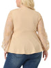 Plus Size V Neck Panel Heart Sheer Mesh Long Sleeve Shirts Blouses Babydoll Tops