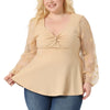 Plus Size V Neck Panel Heart Sheer Mesh Long Sleeve Shirts Blouses Babydoll Tops