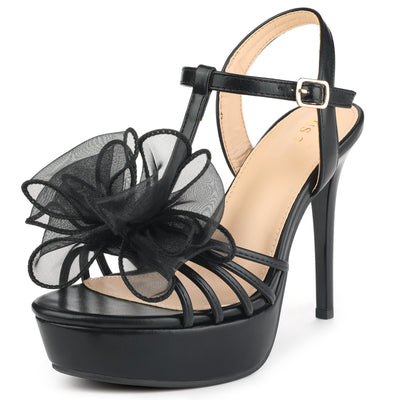 T Strap Mesh Bow Slingback Platform Stiletto High Heel Sandals for Women