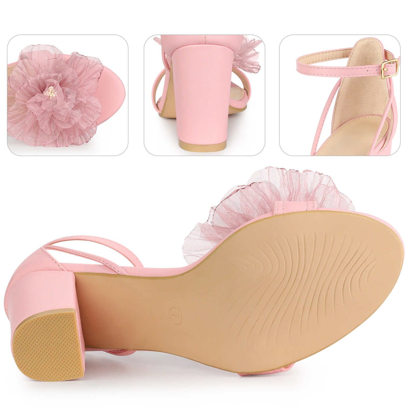 Bublédon Floral Open Toe Ankle Strap Block High Heel Sandals for Women