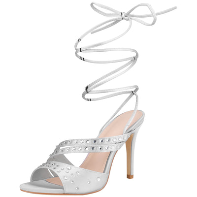 Bublédon Rhinestone Strappy Lace Up Slingback Stiletto Heel Sandal for Women