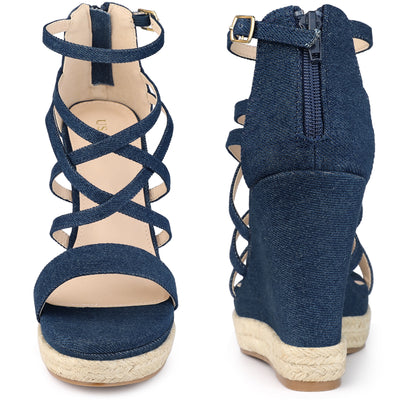 Platform Denim Strappy Wedge Heel Sandals for Women