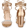 Crystal Rhinestones Strap Lace Up Chunky Heel Sandals for Women