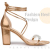Crystal Rhinestones Strap Lace Up Chunky Heel Sandals for Women