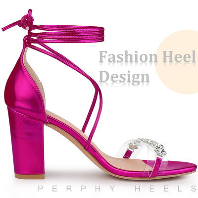 Crystal Rhinestones Strap Lace Up Chunky Heel Sandals for Women