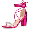 Crystal Rhinestones Strap Lace Up Chunky Heel Sandals for Women