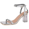 Square Toe Rhinestone Strap Clear Heel Block Heels Sandals for Women