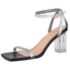 Square Toe Rhinestone Strap Clear Heel Block Heels Sandals for Women