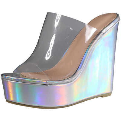 Bublédon Platform Clear Strap Wedge Heel Slide Sandals for Women