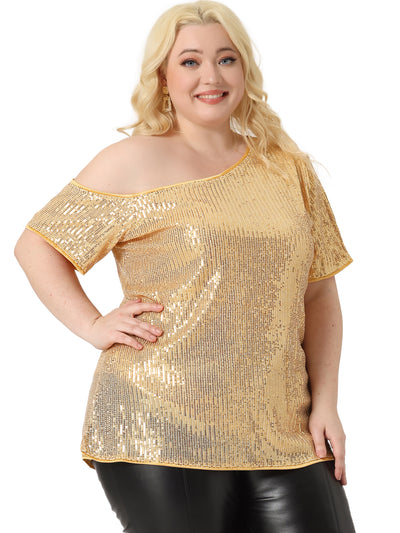 Plus Size Sequin Sparkly One Shoulder Short Sleeve Party Tops Blouses