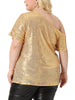 Plus Size Sequin Sparkly One Shoulder Short Sleeve Party Tops Blouses