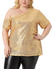 Plus Size Sequin Sparkly One Shoulder Short Sleeve Party Tops Blouses
