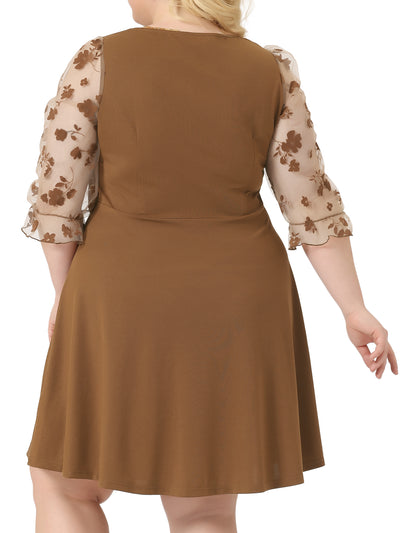 Plus Size Dress for Women Square Neck Sheer Long Sleeve Ruffle Flowy A-Line Midi Dresses