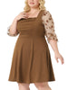 Plus Size Dress for Women Square Neck Sheer Long Sleeve Ruffle Flowy A-Line Midi Dresses