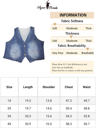 Plus Size Denim Vest for Women Sleeveless V Neck Button Down Jean Waistcoat Jacket