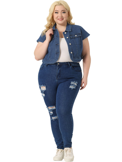 Plus Size Denim Vest for Women Y2K Button Down Tops Cap Short Sleeve Jean Jacket Streetwear