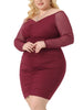 Plus Size Bodycon Off Shoulder Mesh 3/4 Sleeve Stretchy Ruched Cocktail Pencil Mini Dress