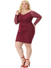 Plus Size Bodycon Off Shoulder Mesh 3/4 Sleeve Stretchy Ruched Cocktail Pencil Mini Dress