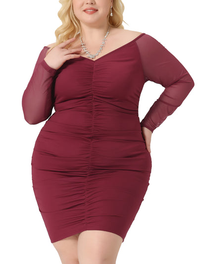 Plus Size Bodycon Off Shoulder Mesh 3/4 Sleeve Stretchy Ruched Cocktail Pencil Mini Dress