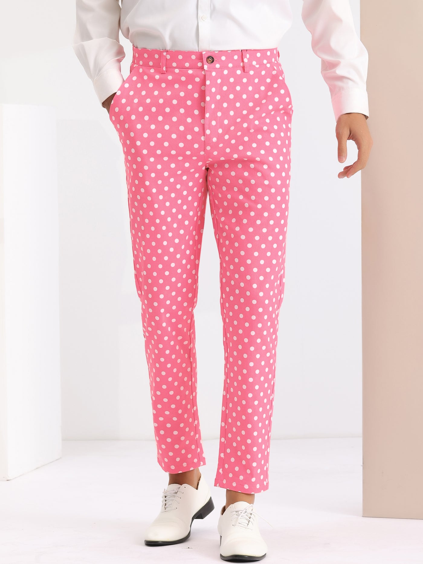 Bublédon Polka Dots Dress Pants for Men's Flat Front Business Wedding Chino Trousers