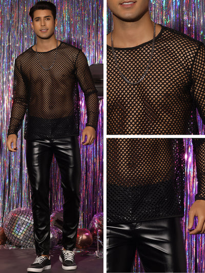 Mesh T-Shirt for Men's Long Sleeves Club Party See Through Sheer Top Tee