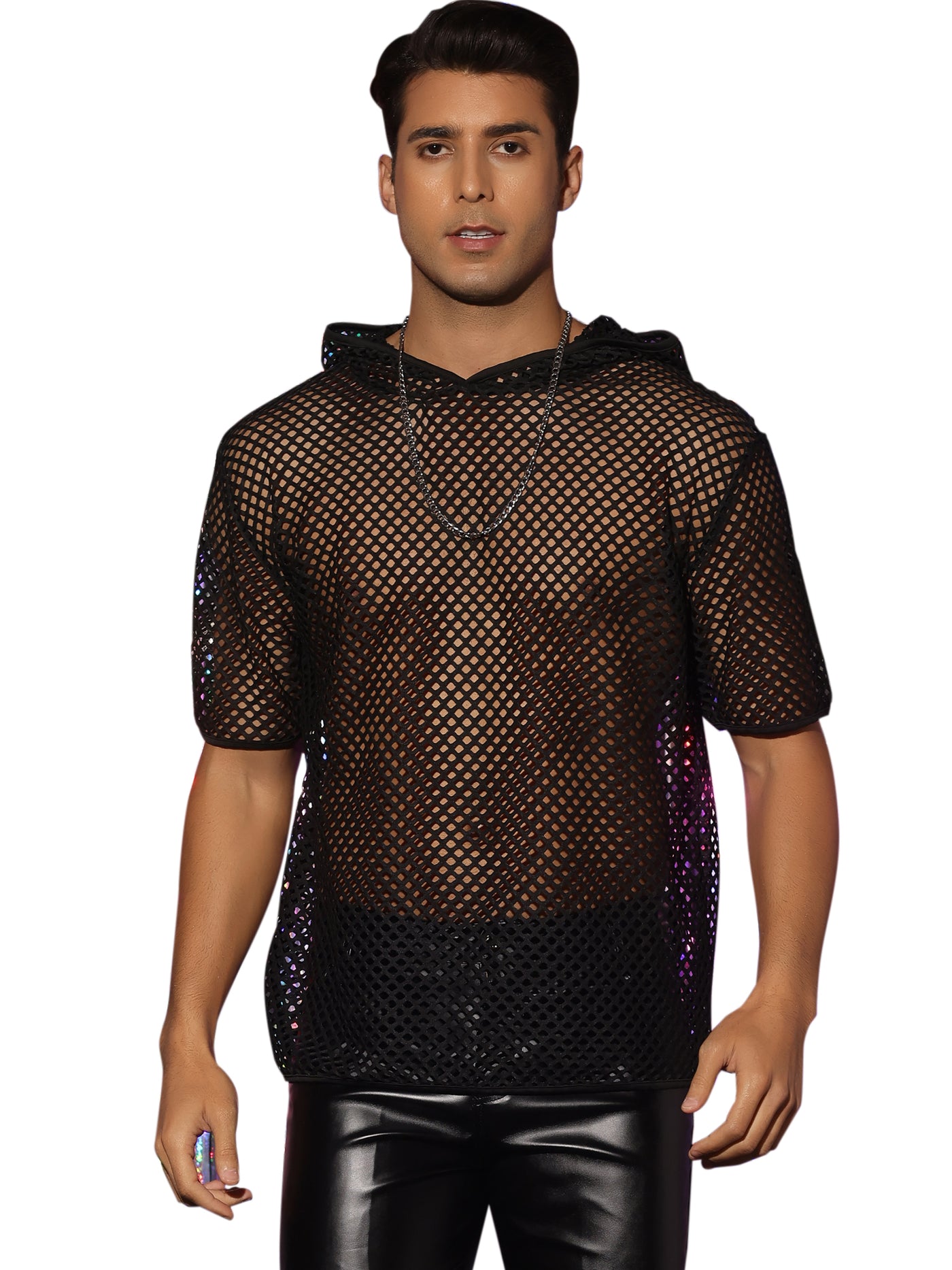 Bublédon Sheer Mesh T-Shirts for Men's See Through Short Sleeves Club Hoodie Tee Tops