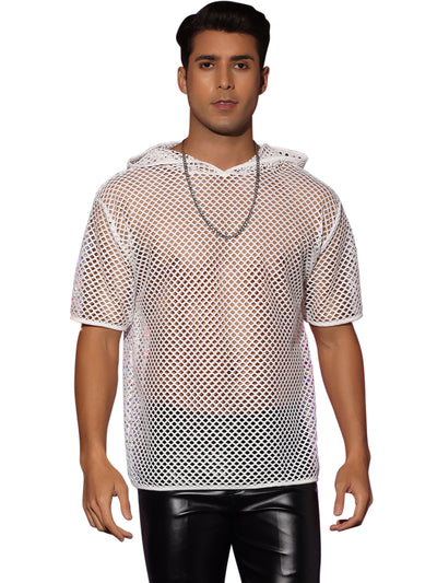 Sheer Mesh T-Shirts for Men's See Through Short Sleeves Club Hoodie Tee Tops