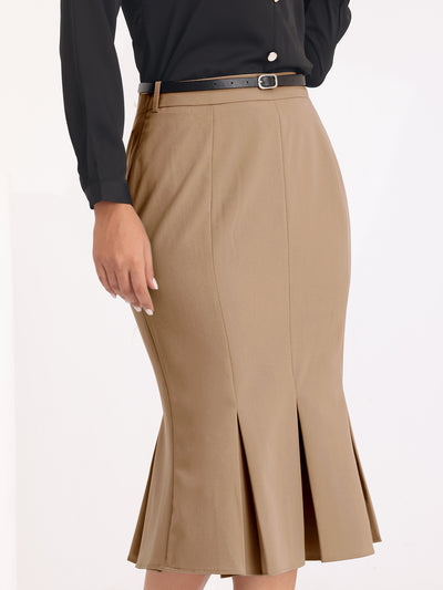 Women's Work Solid Belted Pleated Fishtail Midi Skirt