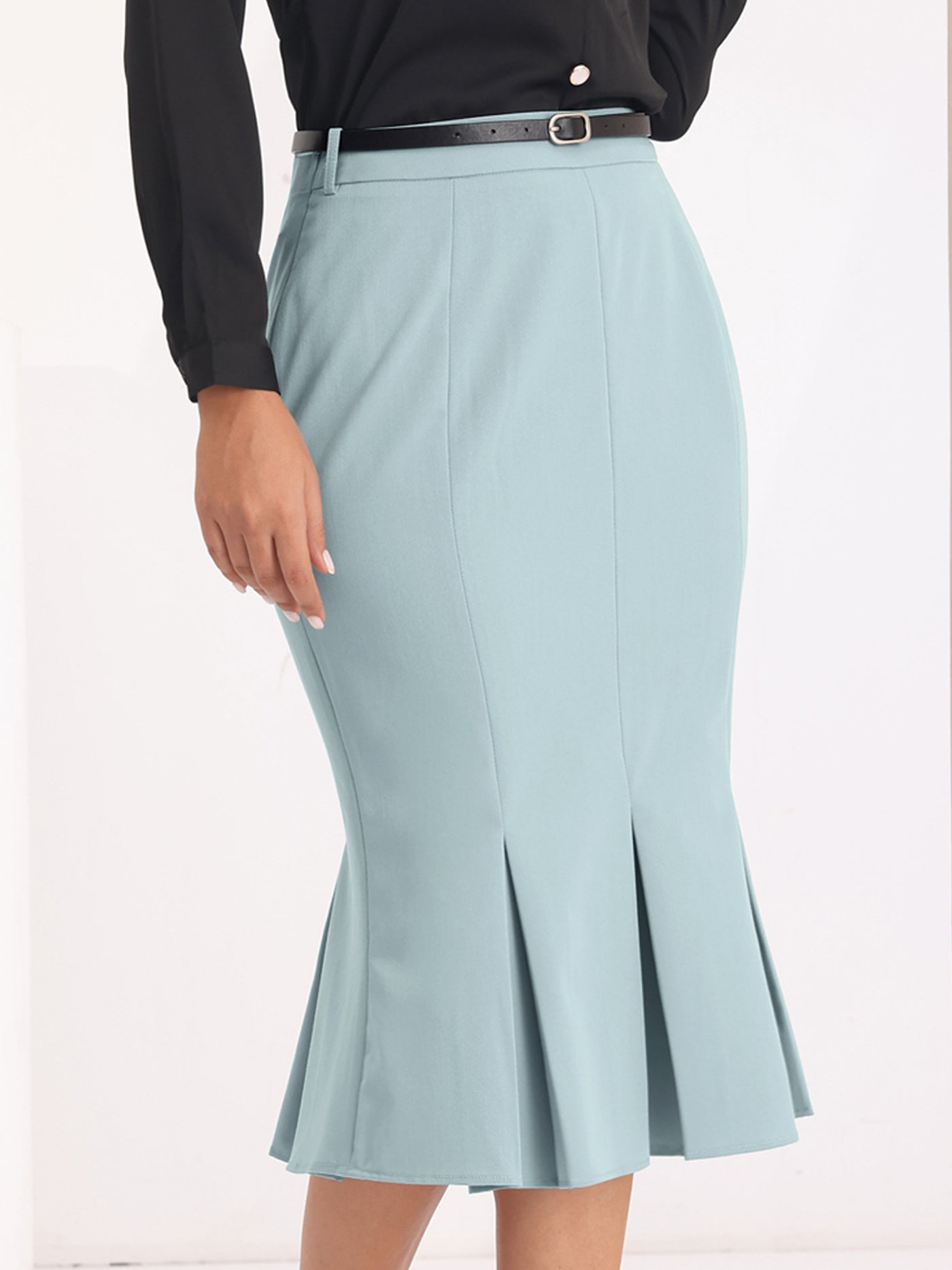 Bublédon Women's Work Solid Belted Pleated Fishtail Midi Skirt