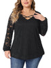 Lace Blouse for Women Plus Size Sheer Long Sleeve Elastic Cuff Layer Cross V Neck Tops