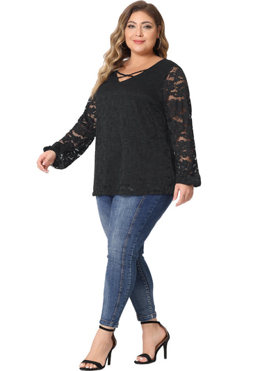 Lace Blouse for Women Plus Size Sheer Long Sleeve Elastic Cuff Layer Cross V Neck Tops