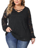Lace Blouse for Women Plus Size Sheer Long Sleeve Elastic Cuff Layer Cross V Neck Tops