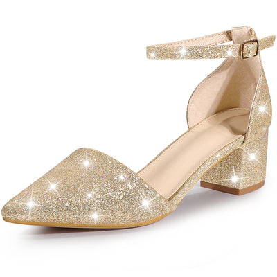 Glitter Pointed Toe Chunky Heel Dress Pumps for Women