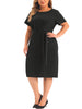 Plus Size Dress for Women Round Neck Short Sleeve Belted Knot Tie Midi Dresses