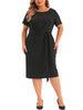 Plus Size Dress for Women Round Neck Short Sleeve Belted Knot Tie Midi Dresses