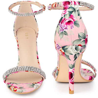 Rhinestone Straps Floral Print Ankle Strap Stiletto Heel Sandals for Women