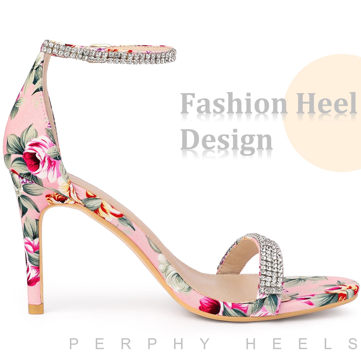 Bublédon Rhinestone Straps Floral Print Ankle Strap Stiletto Heel Sandals for Women