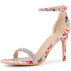 Rhinestone Straps Floral Print Ankle Strap Stiletto Heel Sandals for Women