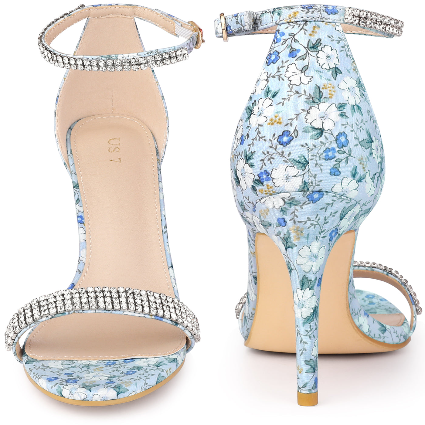 Bublédon Rhinestone Straps Floral Print Ankle Strap Stiletto Heel Sandals for Women
