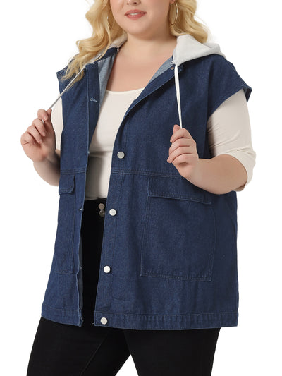 Plus Size Denim Jackets for Women Drawstring Hood Utility Long Jean Jacket Vests
