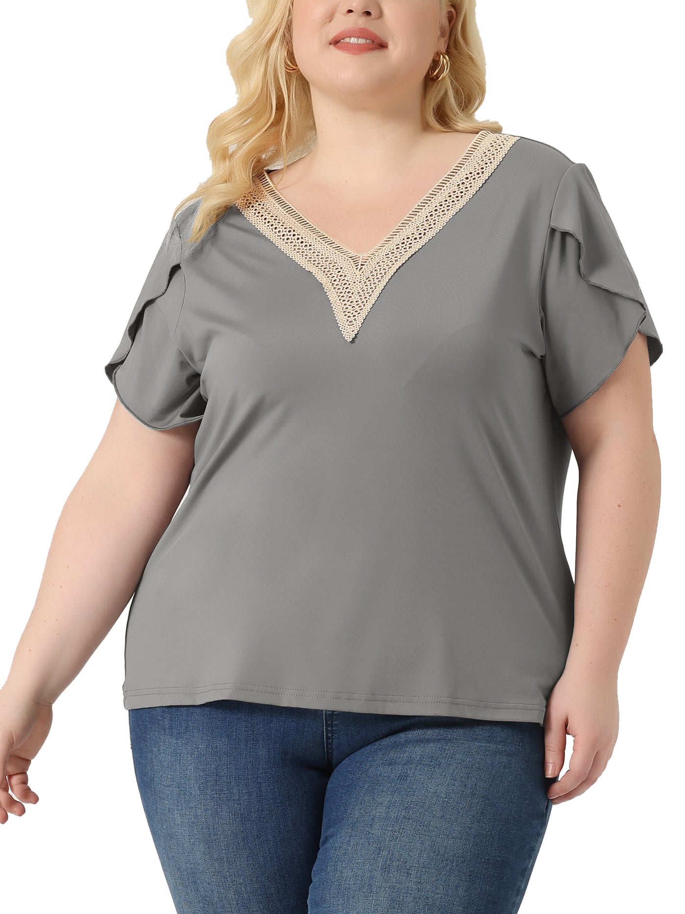 Bublédon Plus Size Summer T-Shirts For Women Casual Lace V Neck Short Sleeve Tunics Basic Tops Blouses