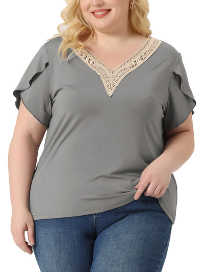 Plus Size Summer T-Shirts For Women Casual Lace V Neck Short Sleeve Tunics Basic Tops Blouses